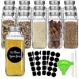 CycleMore 15 Pack 8oz Glass Spice Jars Bottles Square Spice Containers with Silver Metal Caps and Pour Sift Shaker Lid-40pcs Black Labels,1pcs Collapsible Funnel,1pcs Brush and 1pcs Pen Included