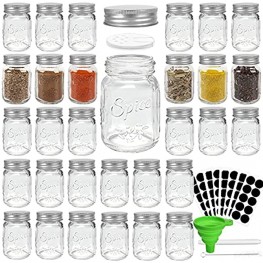 CycleMore 30 Pack 4oz Glass Mason Spice Jars Round Spice Containers with Silver Metal Caps and Pour Sift Shaker Lids-80pcs Labels,1pcs Silicone Collapsible Funnel,2pcs Brushes and 1pcs Pen Included