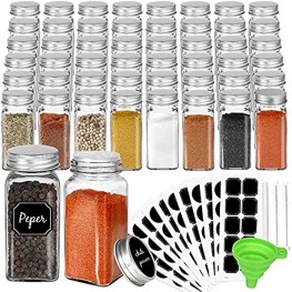 CycleMore 48 Pack 4oz Glass Spice Jars Bottles Square Spice Containers with Silver Metal Caps and Pour Sift Shaker Lid-80pcs Black Labels,1pcs Silicone Collapsible Funnel and 2pcs Brush Included