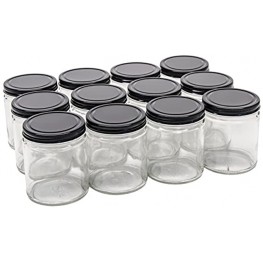 North Mountain Supply SS-9OZ-BK 9 Ounce Glass Straight Sided Mason Canning Jars With 70mm Black Metal Lids Case of 12 Black Lids