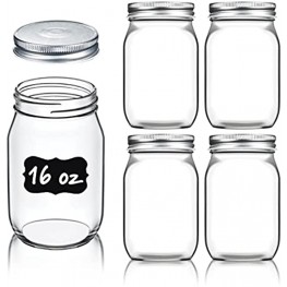 Regular-Mouth Glass Mason Jars 16-Ounce 5-Pack Canning Jars with Silver Metal Airtight Lids for Meal Prep Food Storage Canning Jelly Dry Food Spices Salads Yogurt with Chalkboard Labels Set