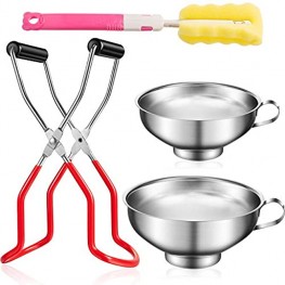 4 Pieces Stainless Steel Canning Funnel Canning Jar Lifter with Grip Handle and Sponge Cleaning Brush for Wide and Regular Jars Red Canning Jar Lifter and Pink Brush