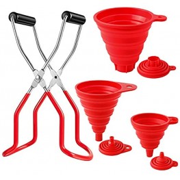 Eeoyu Canning Jar Lifter with Grip Handles and 3 Size Silicone Collapsible Funnel Red Foldable Canning Jar Funnel Compatible with Wide Mouth and Regular Jars for Home Canning Supplies Set of 4