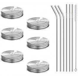 6pcs Pack 304 Stainless Steel Regular Mouth Mason Jar Lids with Straw Hole Including 6pcs Stainless Steel Straws and 1pcs Cleaning Brush Compatible with Ball & Kerr Mason Jars