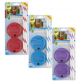 Ball Mason Jar Sip & Straw Lids Set – BPA-Free & Dishwasher Safe Great for Toddler Kids & Adult Drinks Fits Wide Mouth Jars Reusable Set of 4 Red Blue Purple – 3 Pack