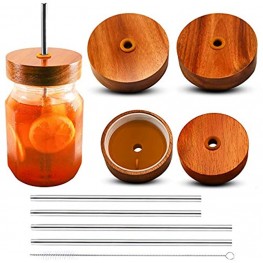 Kitchen Charisma Mason Jar Wooden Lids for Ball Jars Only With 4 Reusable Stainless Steel Drinking Straws 4 Lids Wide Mouth 3.25 in Regular Mouth 2.5 in Opening Acacia Drink Lids for Canning Jars