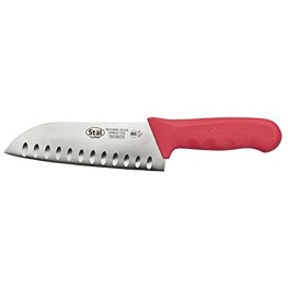 Winco KWP-70R Stäl Stamped Cutlery Santoku Knife 7 Stainless Steel Blade Hollow Granton Edge Red Plastic Handle