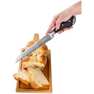 Professional 8 inch Serrated Bread Knife SUGUS HOUSE in black color for kitchen with Ergonomic handles Bread Cutter Ultra-Sharp Stainless Steel–Perfect for Slicing Bread Cake 8 inch Blade Black