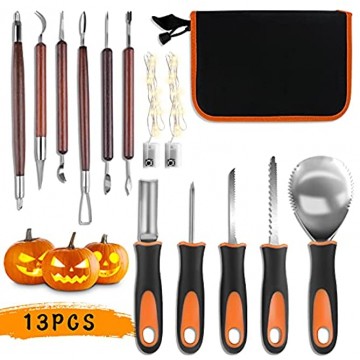 Samyoung Halloween Pumpkin Carving Kit Tools 13 Piece Heavy Duty Stainless Steel Pumpkin Carving Set with Light Strips Pumpkin Cutting Supplies Tools Kit with Carrying Case