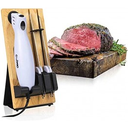 SERRATED CARVING ELECTRIC KNIFE SET By Chef PRO With Wooden Storage Block 2 Interchangeable Stainless-Steel Blades Precise Cutting and Carving of Meats Fruits Breads Comfortable Design White
