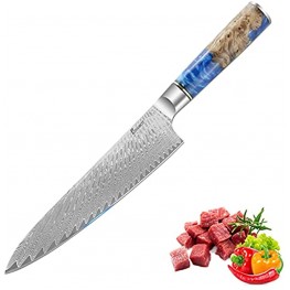 Chef Knife FOSSIBOT Damascus Knife 8 Inch Japanese knife High Carbon VG10 Steel Core Hammered Damascus Blade Kitchen Knife Blue Resin Handle Gift Boxed