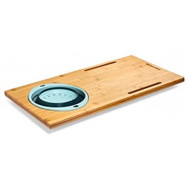 Homevative Over the Sink Bamboo Cutting Board with Collapsible Removable Strainer and Phone Slots
