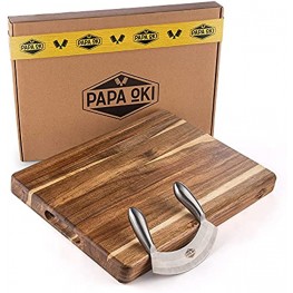 Papa Oki Wood Cutting Board Chopping Board Large Acacia Wood Prep Deck for Kitchen. Comes with Curved Mezzaluna Chopper Knife. Unique Dish Dock for Mess Free Chopping. Innovative and Sustainable.