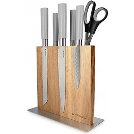 Navaris Wood Magnetic Knife Block Double Sided Wooden Magnet Holder Board Stand for Kitchen Knives Scissors Metal Utensils Acacia 8.9 x 8.7 in
