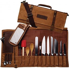 Chef Knife Bag Waxed Canvas Knife Roll Bag | 22 Pockets for Knives & Kitchen Tools | Special Slot for Cleaver | Water-Resistant Material | Knife Organizer for Chefs & Culinary Students Brown