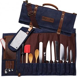 Chef Knife Bag Waxed Canvas Knife Roll Bag | 22 Pockets for Knives & Kitchen Tools | Special Slot for Cleaver | Water-Resistant Material | Knife Organizer for Chefs & Culinary Students Blue