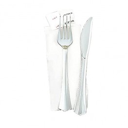Reflections Plastic Fork Knife Salt Pepper and Napkin Kit Silver 125-Count