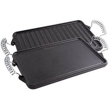 Victoria Cast Iron Grill. Double Burner Griddle with Removable Wire Handles Seasoned with 100% Kosher Certified Non-GMO Flaxseed Oil 13 x 8 Inches Black