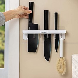 Self adhesive wall mounted household Knife Holder Kitchen Knife Storage Rack Wall shelf for household knives Wall knife shelf with hook Save space for the kitchenWhite