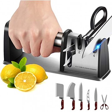 4 in 1 Kitchen Manual Knife Sharpener 4 Stage Knife Scissors Sharpener Chef Choice Knife Sharpeners Accessories Fast Sharpening Kit for Knives & Scissors with Diamond Emery Ceramic Tungsten Steel