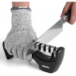 Kitchen Knife Sharpener OBERLY Handheld Professional 4 Stage Sharpeners with Anti-slip Mat Safe and Easy to Use and Superior Sharpening Qualities. Cut Resistant Glove（Black）