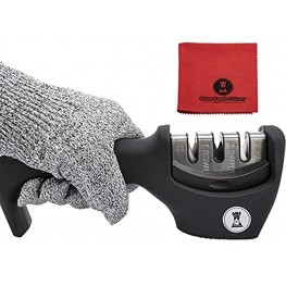Knife Sharpeners for Steel and Ceramic Kitchen Knives Manual Handheld System to Safely Sharpen and Hone your Knife Includes Cut Resistant Glove and Blade Cloth Black
