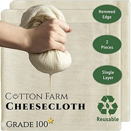 Cotton Farm Grade 100 The Finest Premium Quality Cheesecloth with Hemmed Edge Double or Single Layer,%100 Cotton Ultra Fine Unbleached Reusable Washable; 2 Pieces Single Layer