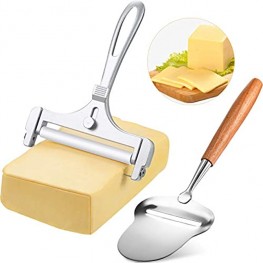 2 Pieces Stainless Steel Wire Cheese Slicer Adjustable Thickness Cheese Cutter Cheese Slicer Spatula Plane with Wood Handle for Soft Semi Soft Semi-Hard Cheeses Kitchen Cooking Tool