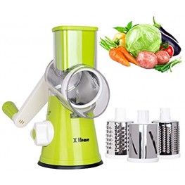 X Home Rotary Cheese Grater Handheld Vegetables Cheese Shredder with Rubber Suction Base 3 Stainless Drum Blades Included Green
