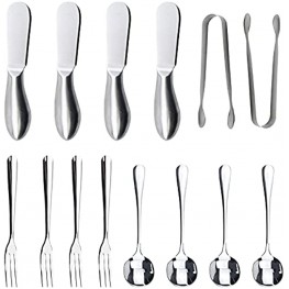 A set of stainless steel cheese butter spreading knife setincluding 2 stainless steel dinner tongs,4 kitchen spoons,4 multi-functional fruit forks,4 Cheese Butter Spreading Knife a total of 14pieces