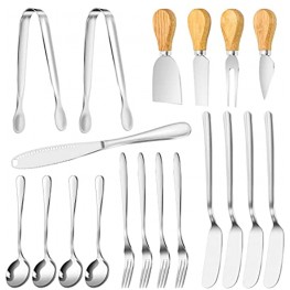 Dreamtop 19 Pcs Spreader Knife Set Cheese Butter Spreader Knives Cheese Slicer Knife Stainless Steel Cheese Spatula Set with Wooden Handles Mini Serving Tongs Spoons and Forks for Butter and Pastry