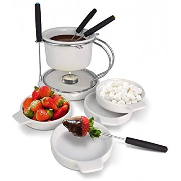 Le Regalo 11 Piece Ceramic Fondue Set 1 Fondue Pot 1 Base Plate 1 Stainless Steel Stand 4 Color Coded Forks and 4 Serving Plates