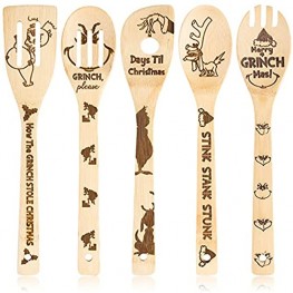 5Pcs Grinch Wooden Spoons for Cooking & Serving Set Cooking with 3D Embossing and Engraved Patterns are Suitable for Daily Kitchen,Great Kitchen Gifts for Christmas,Halloween,Birthday Gift