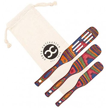 Crate Collective Pakkawood Kitchen Spurtle Set 3 Piece Non Stick Eco Friendly Exotic Cooking Utensils for Kitchen & Gifts Rainbow