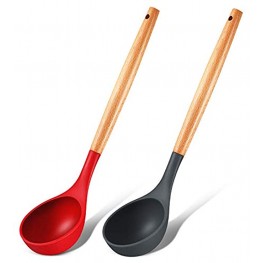 2 Pieces Silicone Soup Ladle Spoon Ladle with Wood Handle Non-stick Kitchen Utensils with High Heat Resistant Cooking Spoon Scoop for Soup Sauce Stew Salad Dressing 12.4 Inch Black Red