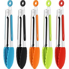 7 Inch Silicone Tongs Mini Kitchen Tongs with Silicone Tips Small Serving Tongs Stainless Steel Cooking Tongs for Salad Grilling Frying and Cooking Black Red Blue Orange Green 5 Pieces
