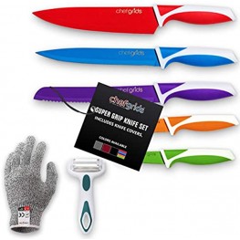 Chef Grids Colorful Knife Set with Knife covers with Multipurpose Peeler and Single protective glove | 12-piece Kitchen Knives set Rainbow Knife Set with assorted Colored Knives
