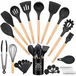 Cooking Utensils Set TEMEISI 34 Pcs Wooden Handles Silicone Kitchen Utensils Set with Holder Heat Resistant Kitchen Tools Gadgets Set with Turner Tongs Spatula Spoon Brush Whisk Black Gray