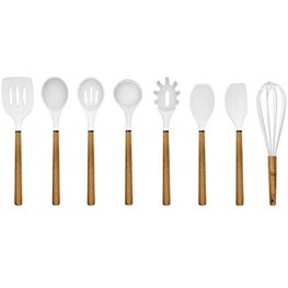 Country Kitchen 8 pc Non Stick Silicone Utensil Set with Rounded Wood Handles for Cooking and Baking White