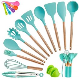 Kitchen Utensil Set Silicone Cooking Utensils CROSDE 19pcs Kitchen Utensils Set Tools Wooden Handle Spoons Spatula Set Cookware Turner Tongs Kitchen Gadgets with Holder Teal