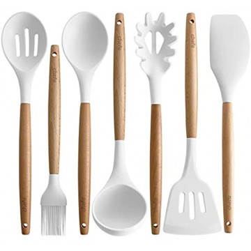 Silicone Cooking Utensils | Wooden Handle Non-Stick Cookware Heat Resistant Kitchen Utensil Spatula Slotted & Solid Spoon Soup Ladle Slotted Turner and Spaghetti Server White