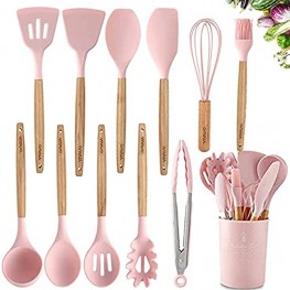 VIVAYO Silicone Cooking Utensil Kitchen Utensils Set 12 Pieces Silicone Kitchen Utensil Wooden Handles Kitchen Spatula Sets with Holder Spoon Turner Tongs Pink
