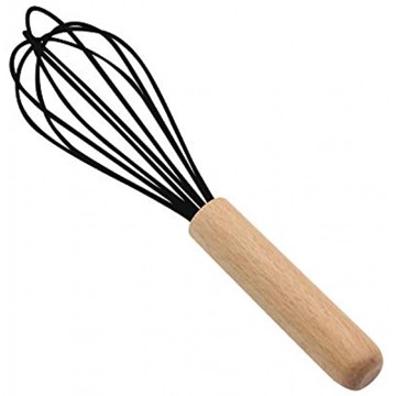 KUFUNG Kitchen Silicone Whisk Balloon Mini Wire Whisk Wooden Handle & Silicone Non-Stick Coating Hand Egg Mixer for Blending Whisking Beating Stirring Cooking Baking Black