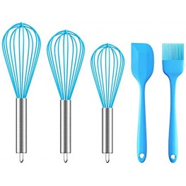 Ouddy 5 Pack Silicone Whisk Set Kitchen egg Whisk Wire Wisks for Cooking Blending Whisking Beating Stirring and Baking with Silicone Spatula & Silicone Brush Blue