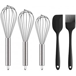 Stainless Steel Whisk 8"+10"+12" Ouddy 5 Pack Wire Whisk Set Wisk Kitchen Tool for Cooking Blending Whisking Beating Stirring with Silicone Spatula & Silicone Brush