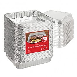 Stock Your Home 8 x 8 Aluminum Foil Pans with Plastic Lids 50 Pack 8 Inch Foil Pans with Lids Recyclable & Disposable Oven Safe Pans with Lids for Cake Lasagna Catering Takeout Delivery