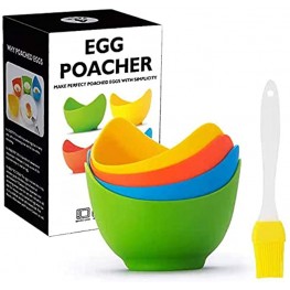 4pc Egg Poacher Poached Egg Cooker with Ring Standers Food Grade Non Stick Silicone Egg Poaching Cup Egg Tray for Microwave or Stovetop Egg Poaching with Extra Silicone Oil Brush BPA Free